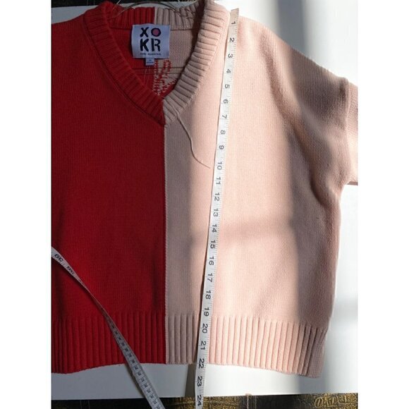 XO Kerri Rosenthal Heart Color Block V-Neck Sweater Sz M Radiant red pink blush - Picture 7 of 11